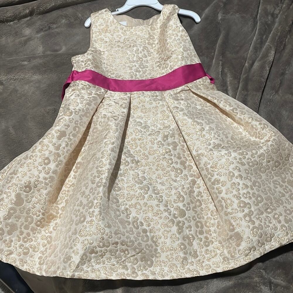 Special Editions 7/8 golden metallic cheetah print dress hot pink waist bow euc